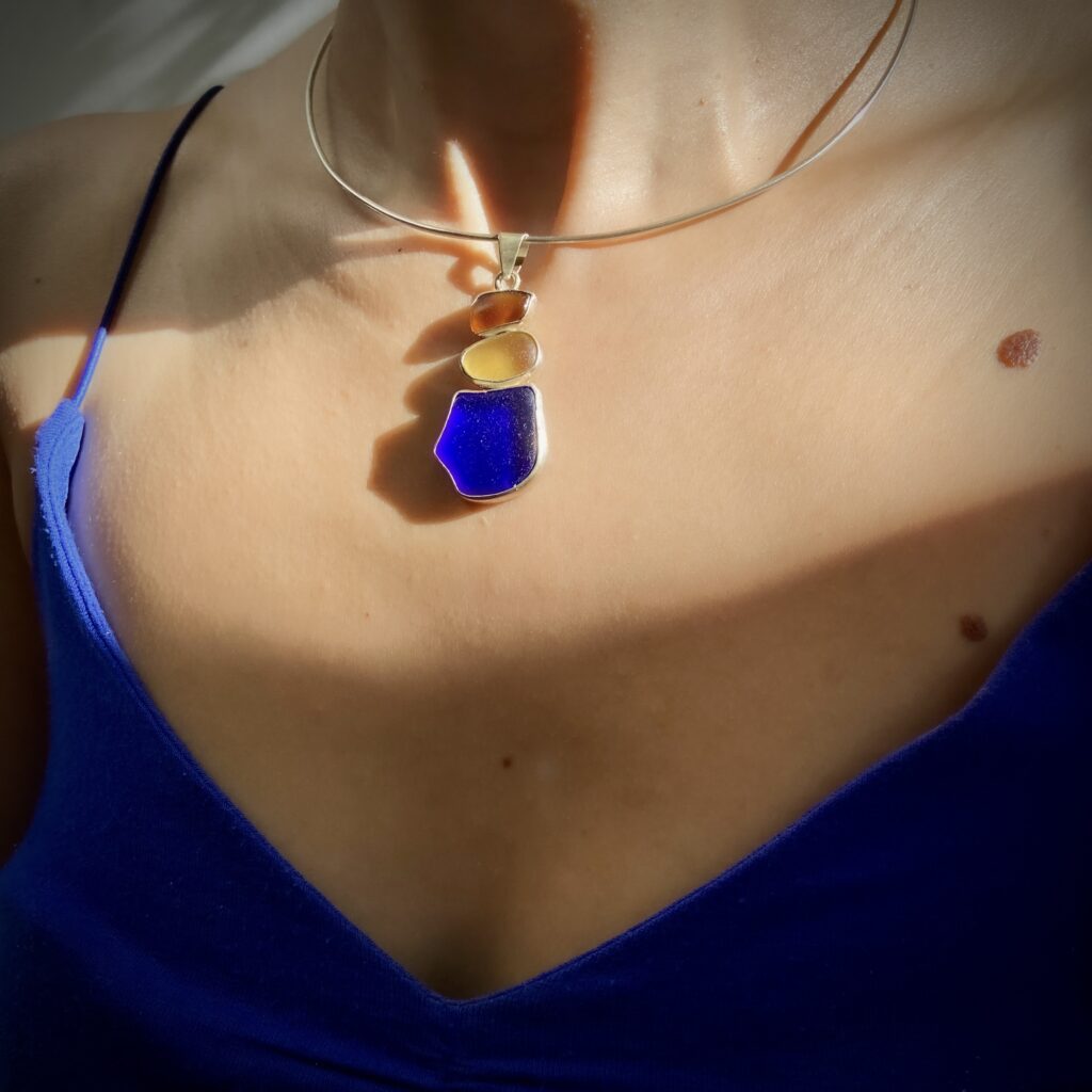 Sea Glass Choker Necklace – Silver | Cobalt Blue, Amber & Brown