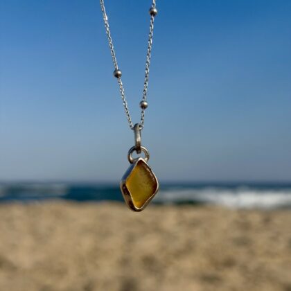 handmade rare yellow sea glass silver necklace made in Tunisia , Mediterranean inspired