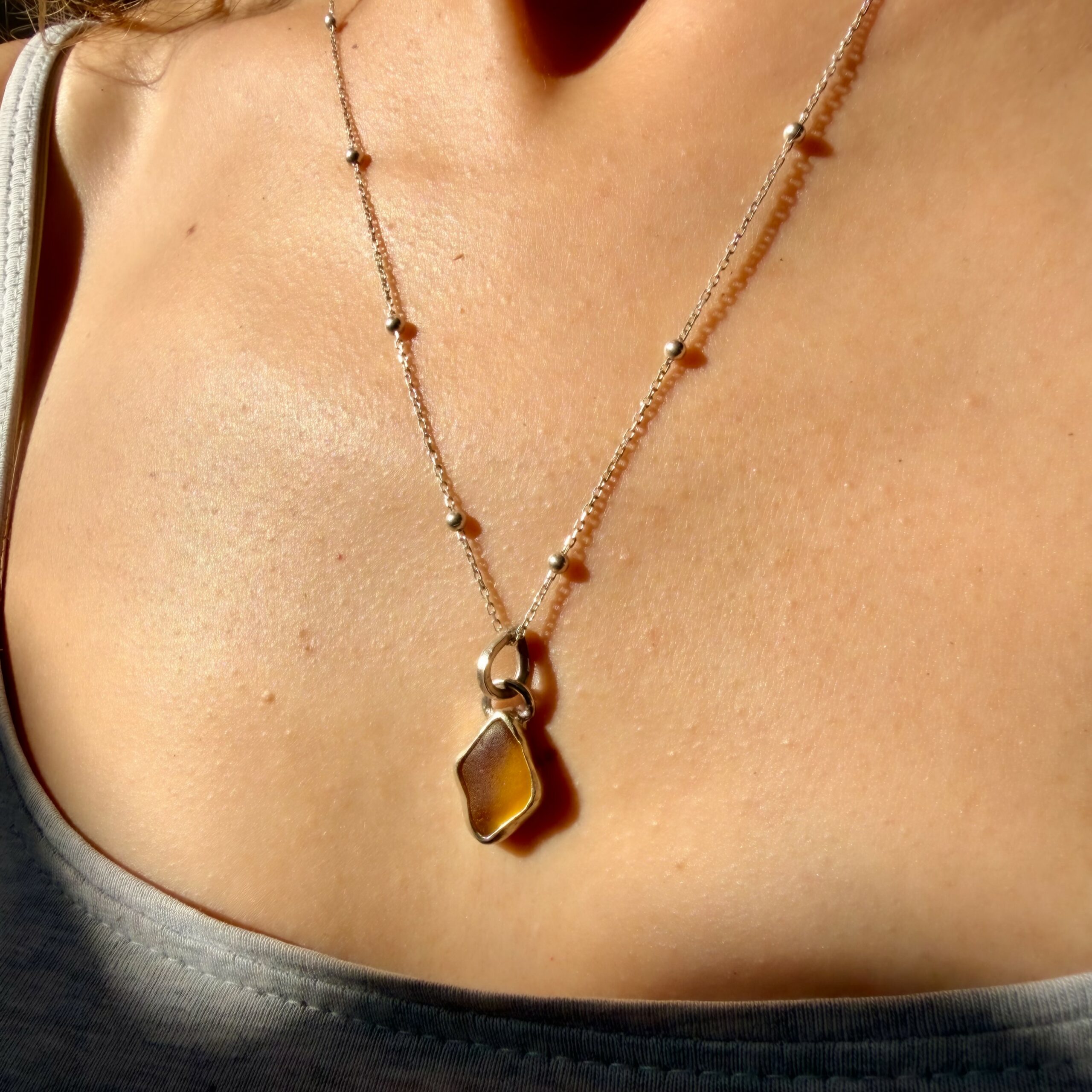 handmade rare yellow sea glass silver necklace / one of kind handmade rare yellow sea glass silver necklace / one of kind - Image 2