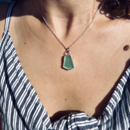 Rare green sea glass silver necklace handmade in Tunisia with Mediterranean beach glass pendant