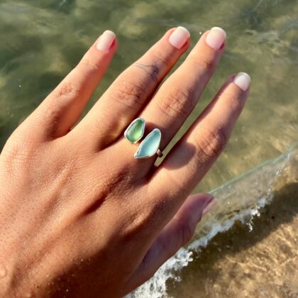 Sea Glass Ring handmade in 925 sterling silver, featuring natural sea glass in seafoam green and aqua blue. One-of-a-kind Mediterranean jewelry, handmade in Tunisia.