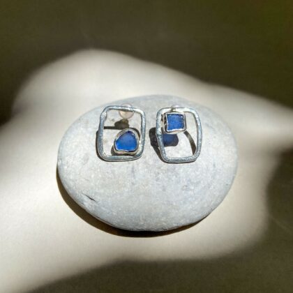 Elegant Asymmetrical Geometric Cobalt Blue Sea Glass Silver Earrings