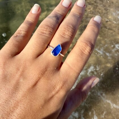 cobalt blue sea glass silver ring made in tunisia