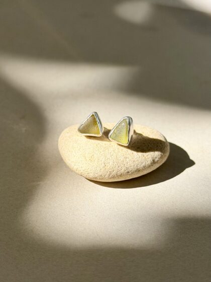 Handmade olive green sea glass silver stud earrings by MAR Seajewel, crafted in sterling silver.